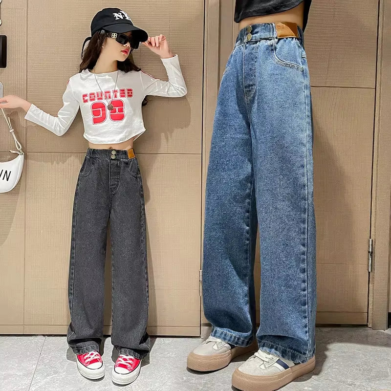 Girls Jeans 2024 Autumn Loose Straight Wide-Leg Pants Kids Trousers Jeans for Children 10 12 13 14 Years Blue High Waist Pants.