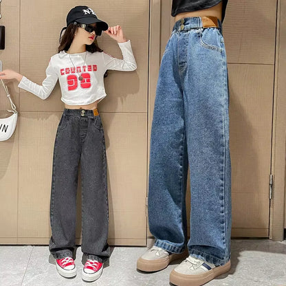 Girls Jeans 2024 Autumn Loose Straight Wide-Leg Pants Kids Trousers Jeans for Children 10 12 13 14 Years Blue High Waist Pants.
