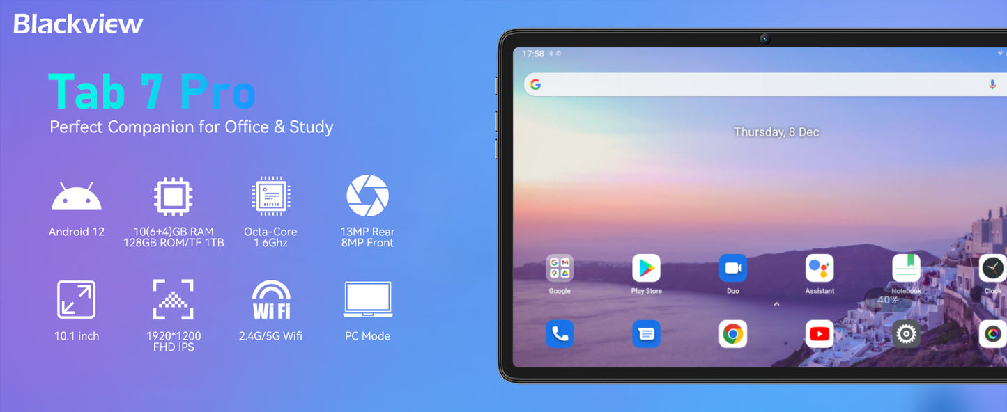 Blackview Tab 7 Pro Tablet Android 12 10.1Inch Touch Dual 4G LTE+5G WiFi 10GB+128GB 13MP+8MP 1920*1200 6580mAh Octa-Core.