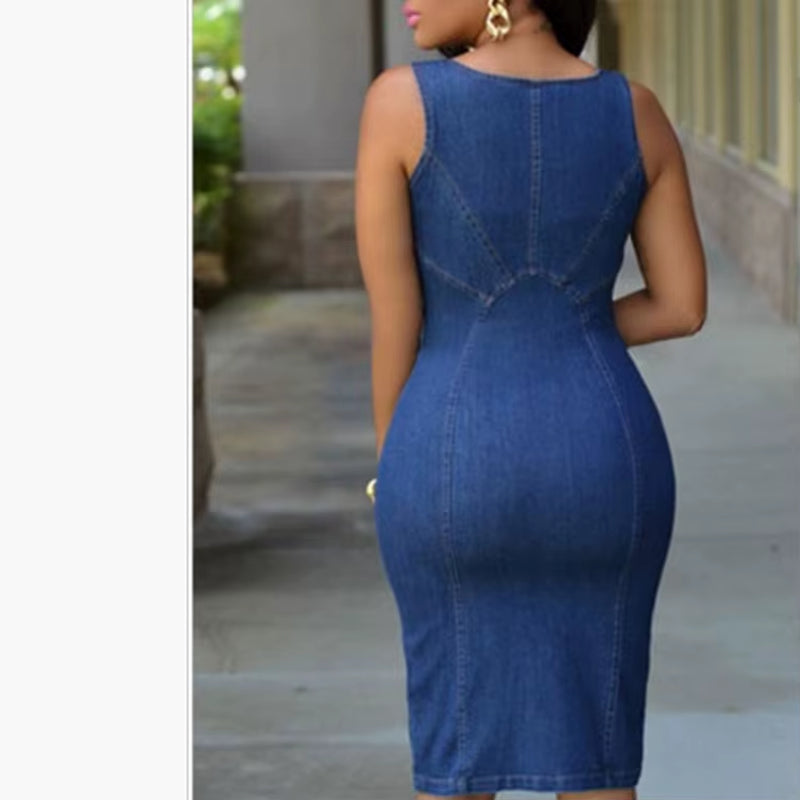 Women'S Summer Sleeveless Denim Dress Slim Zipper Jeans Dress Fashion Casual Office Lady Clothing M-2XL 2020 New Arrival.