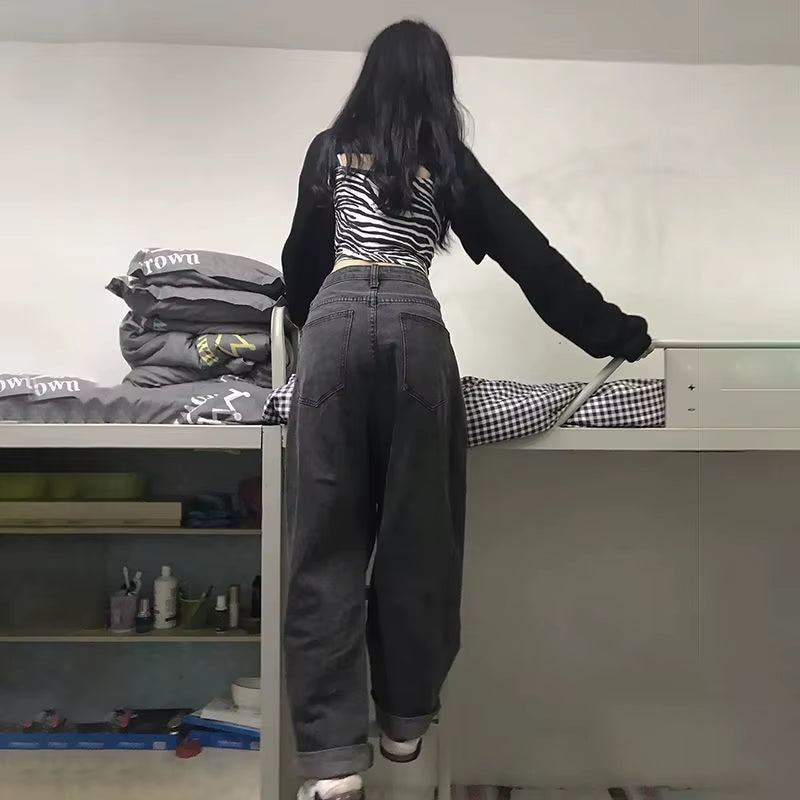 Women Jeans Vintage Adjustable High Waist BF Wide Leg Trousers Autumn New Ins All-Match Streetwear Retro Korean Chic Boyfriend.