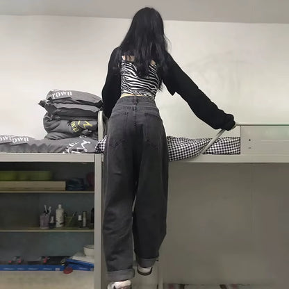 Women Jeans Vintage Adjustable High Waist BF Wide Leg Trousers Autumn New Ins All-Match Streetwear Retro Korean Chic Boyfriend.