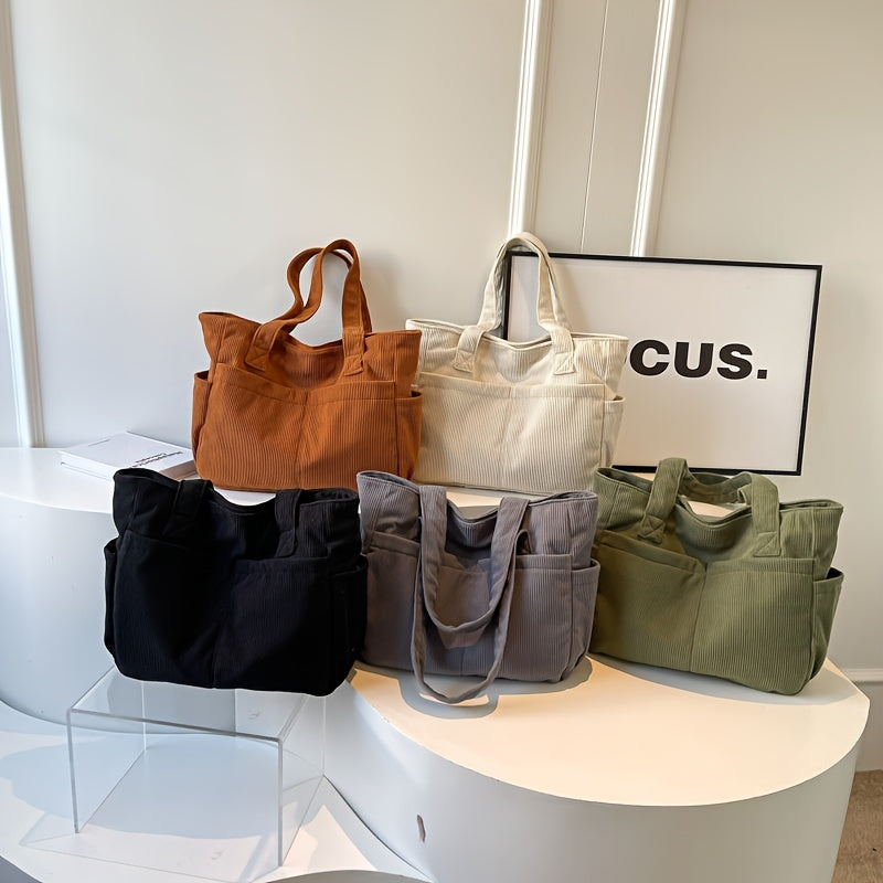 Women's Casual Corduroy Tote Bag Striped Shoulder Bag with Fixed Straps Zipper Large Capacity Handbag for Daily Outings and Shop.