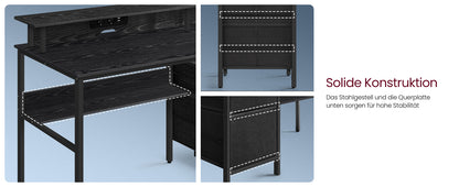 VASAGLE Schreibtisch mit Schubladen, Computertisch mit Monitorständer, LED-Beleuchtung, 55 x 135 x 90 cm, eingebaute Steckdosen