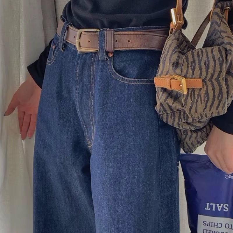 Jeans Women Retro Blue Wide-Leg Trousers Slouchy Jean Loose Simple Classic Student Autumn Full Female Harajuku Ins Denim Leisure.