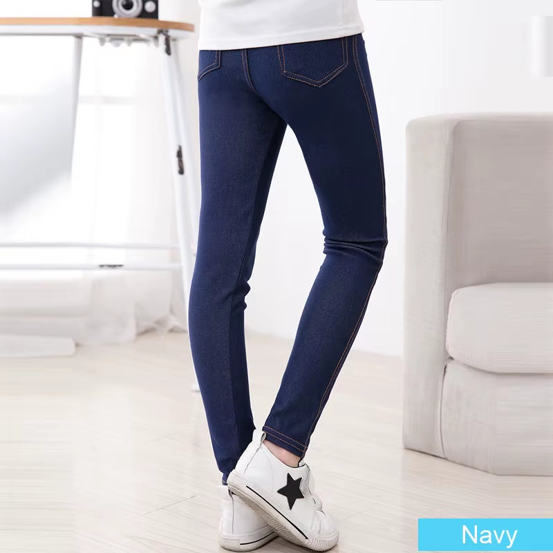 Sheecute New Spring Summer Fashion Girls Pencil Knit Imitation Denim Fabric Jeans Kids Candy Colore Mid Waist Full Length Pants.