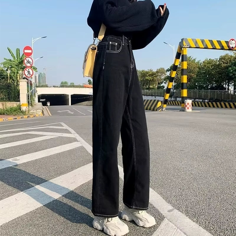Jeans Women All-Match Korean Style Mopping Trousers Denim Vintage Black Solid High Waist Autumn Baggy Chic Ulzzang Street Casual.