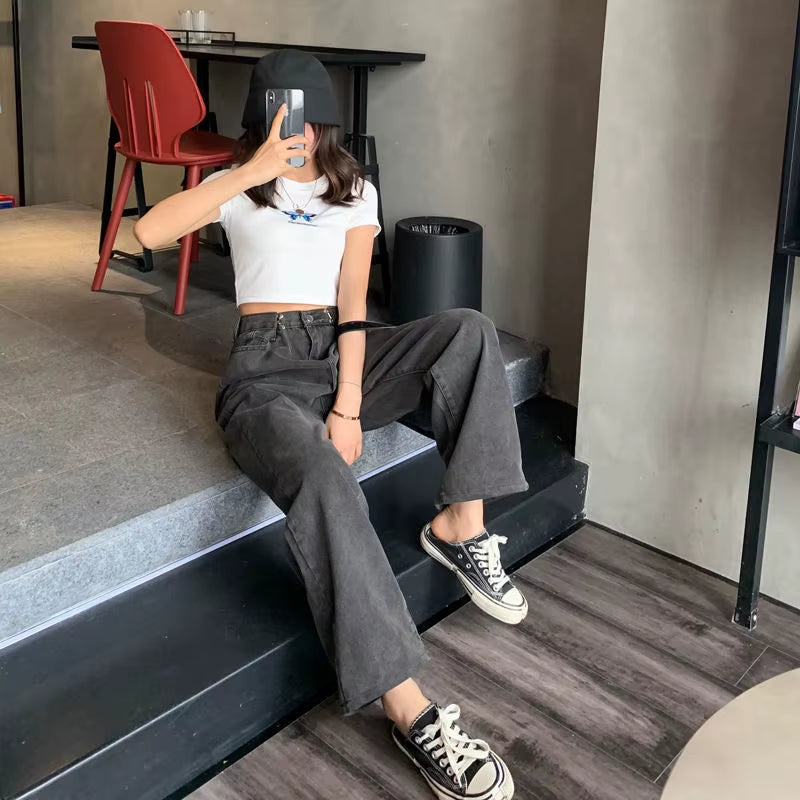 Women Jeans Vintage Adjustable High Waist BF Wide Leg Trousers Autumn New Ins All-Match Streetwear Retro Korean Chic Boyfriend.