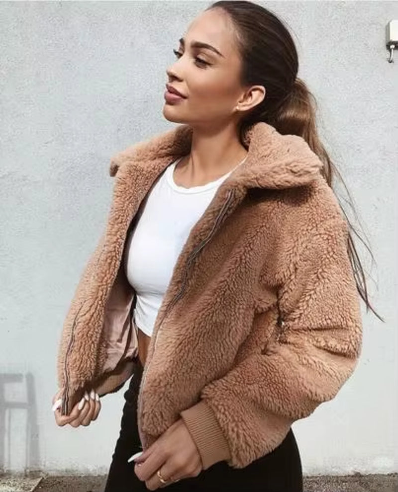 Women Thick Warm Teddy Bear Pocket Fleece Jacket Coat Zip up Outwear Overcoat Winter Soft Fur Jacket Female Plush Coat Elegant.