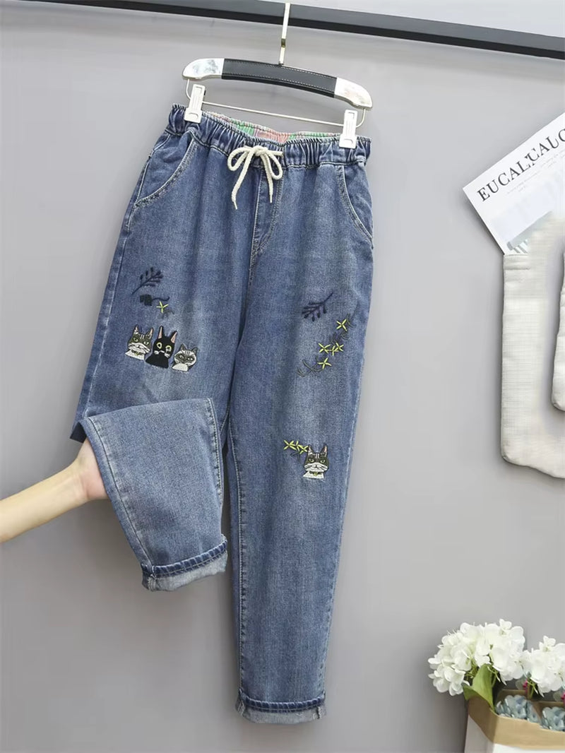 8265 Women Fashion Korea Style Cartoon Cat Embroidery Baggy Elastic Waist High Waist Denim Cropped Pants Female Harem Jeans.