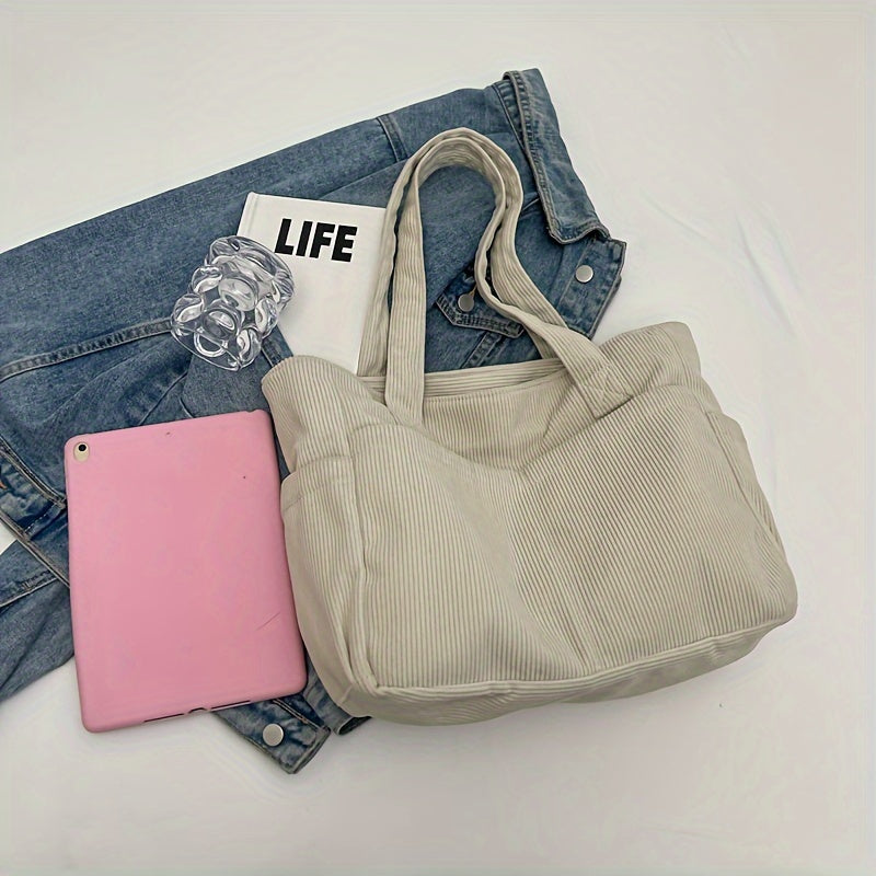 Women's Casual Corduroy Tote Bag Striped Shoulder Bag with Fixed Straps Zipper Large Capacity Handbag for Daily Outings and Shop.