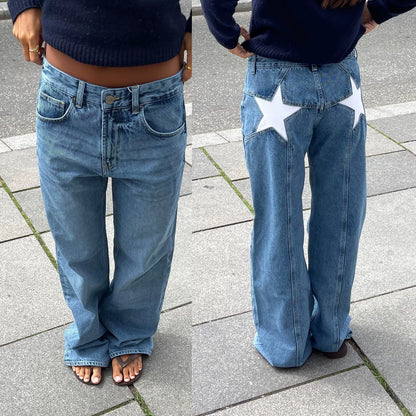 Women'S Y2K Vintage Jeans Aesthetic Star Pattern Print Loose Straight Leg Denim Long Pants Casual Low Waist Trousers.