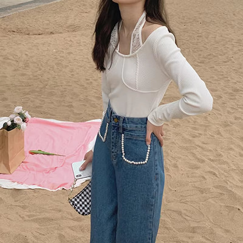 Jeans Women High Waist Vintage Peals Straight Wide Leg Mopping Denim Trousers for Female Retro Streetwear Casual Simple Stylish.