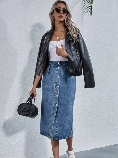 Single Breasted Knee Length Denim Skirt Women Streetwear Casual Pocket High Waist Straight Jeans Skirt New.