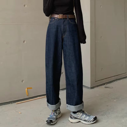 Jeans Women Retro Blue Wide-Leg Trousers Slouchy Jean Loose Simple Classic Student Autumn Full Female Harajuku Ins Denim Leisure.