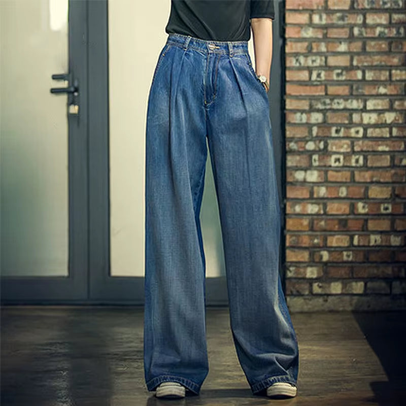 Jeans Women'S Wide-Leg Jeans 2022 Y2K Streetwear High Waist Vintage Trousers Casual Simple Blue Buttons Straight Denim Long Pant.