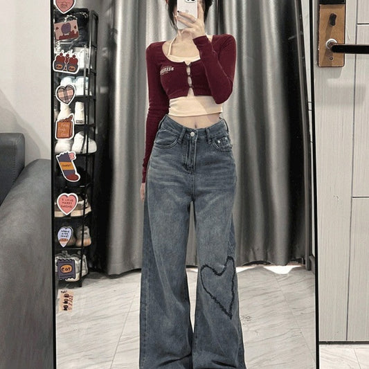Love Embroidered Wide-Leg Simple Casual Jeans.