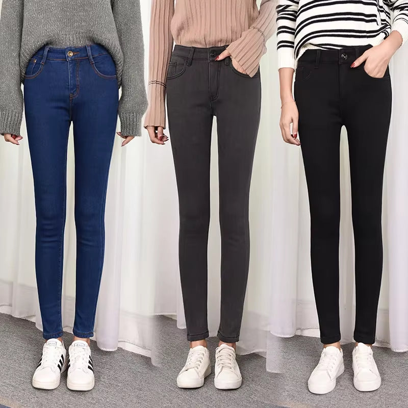 Warm Winter Size Slim Jeans Women Advanced Stretch Cotton Denim Pants Thick Fleece Student Trousers Blue Black Gray.