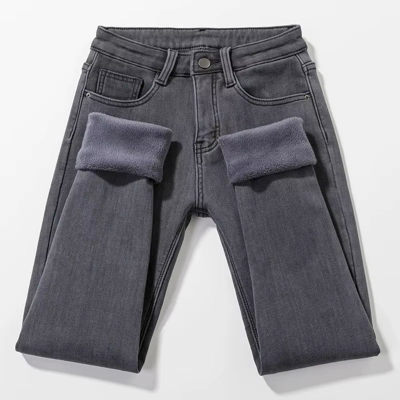 Streetwear Thicken plus Velvet Slim Pencil Jeans Women Winter Warm Oversized 34 Denim Pants High Waist Stretch Cowboy Trousers.