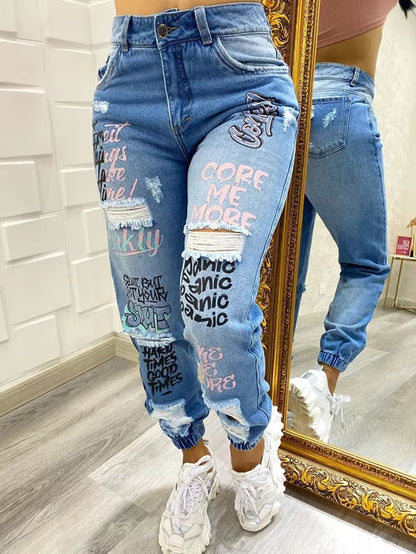 Letter Print Slant Pocket Ripped Jeans Women Casual Denim Pants.