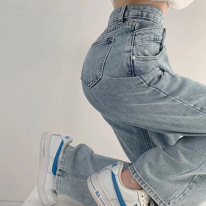 High Waist Jeans Women Loose Solid Mopping Simple Street Denim Trousers Girls Trendy Designed All-Match Young Lady Stylish Ins.