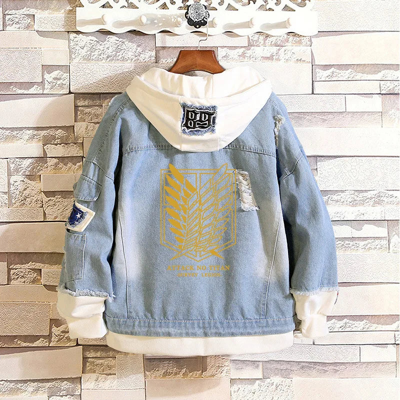 Anime Attack on Titan Unisex Streetwear Long Hooded Jeans Jacket Guilty Crown Death Note Harajuku Denim Patchwork Hoodies Coat.