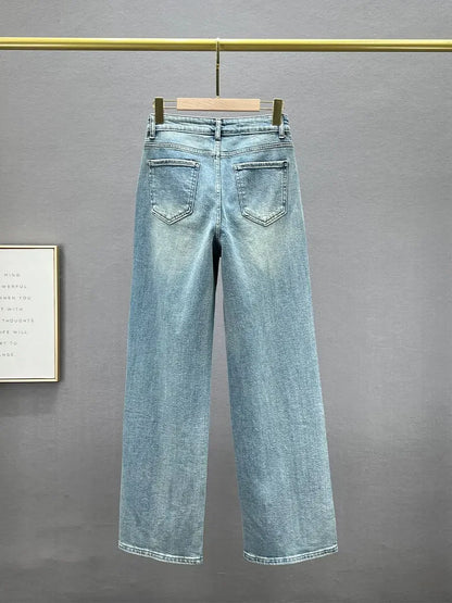 Rhinestone XINGX Pendant Design High Waist Wash Jeans Women'S Summer Loose Slimming and All-Matching Straight-Leg Pants.