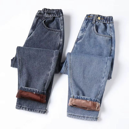 2022 Winter New Women'S Warm Thick Jeans Fashion Loose Vintage Blue High Waist Jeans Mom Denim Ankle-Length Pants 4XL 5XL.