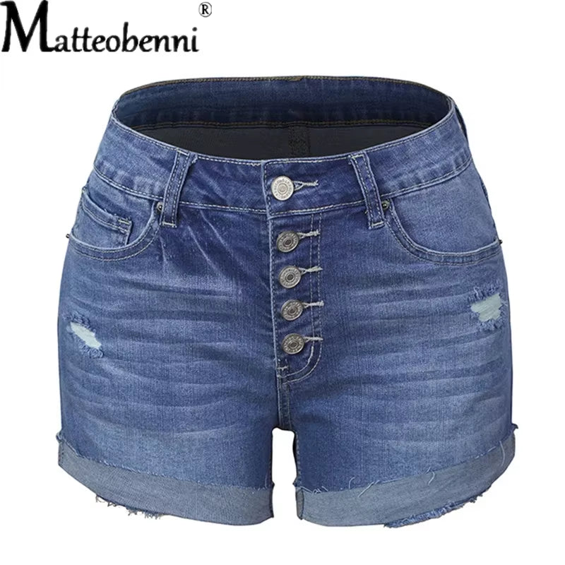 Summer Women Sexy High Waist Jeans Ripped Casual Slim Female Fashion Elastic Blue Buttons Washed Short Denim Shorts.