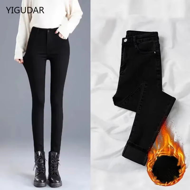 Winter Thick Velvet Women Jeans High Waist Skinny Jeans Simple Fleece Warm Slim Fit Stretch Lady Denim Pencil Pants Baggy Jeans.