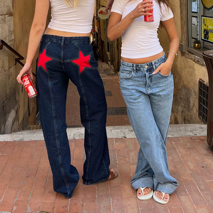 Women'S Y2K Vintage Jeans Aesthetic Star Pattern Print Loose Straight Leg Denim Long Pants Casual Low Waist Trousers.