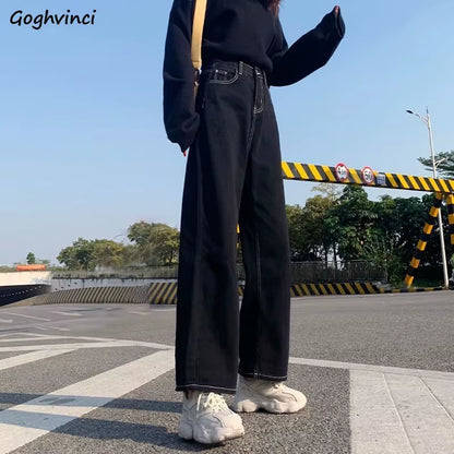 Jeans Women All-Match Korean Style Mopping Trousers Denim Vintage Black Solid High Waist Autumn Baggy Chic Ulzzang Street Casual.