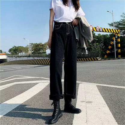 Jeans Women All-Match Korean Style Mopping Trousers Denim Vintage Black Solid High Waist Autumn Baggy Chic Ulzzang Street Casual.