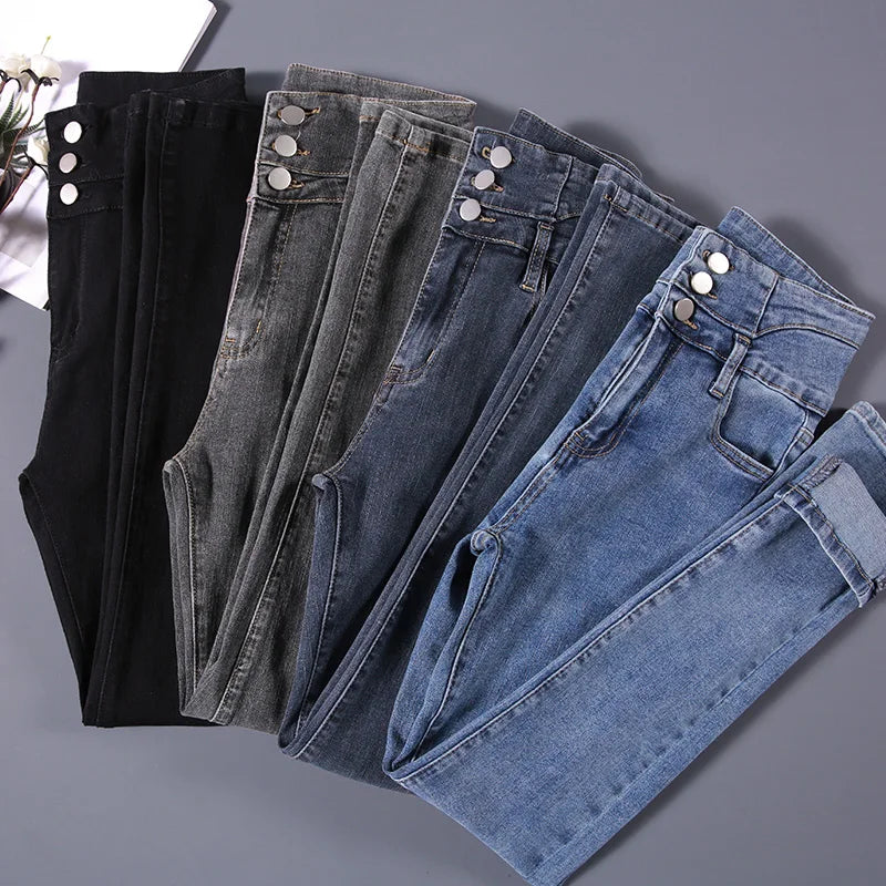 High-Quality New Vintage High-Waist Stretch Skinny Jeans, Women'S Fashion Stretch Button Pencil Pants, Mom Casual Jeans Pants.