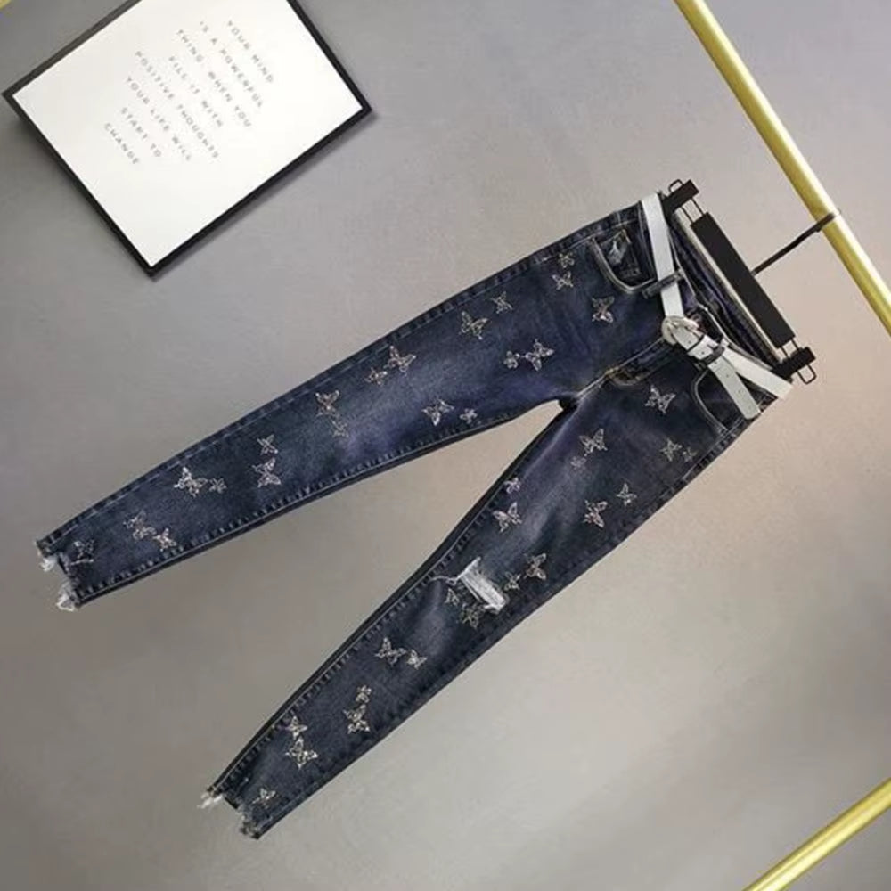 High Waist Jeans Women Beading Butterfly Fashion Ripped Jeans Casual Stretch Jeans Female Washed Denim Pencil Pants.