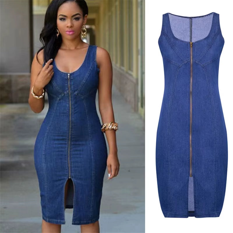 Women'S Summer Sleeveless Denim Dress Slim Zipper Jeans Dress Fashion Casual Office Lady Clothing M-2XL 2020 New Arrival.