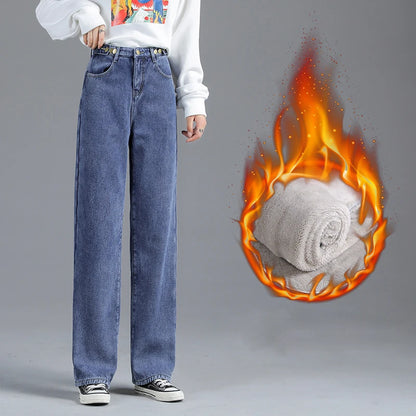 Winter Jeans Women Warm Denim Trousers High Waist Casual Loose Female Denim Pants Thick Velvet Cotton Wide Leg Woman Jeans.