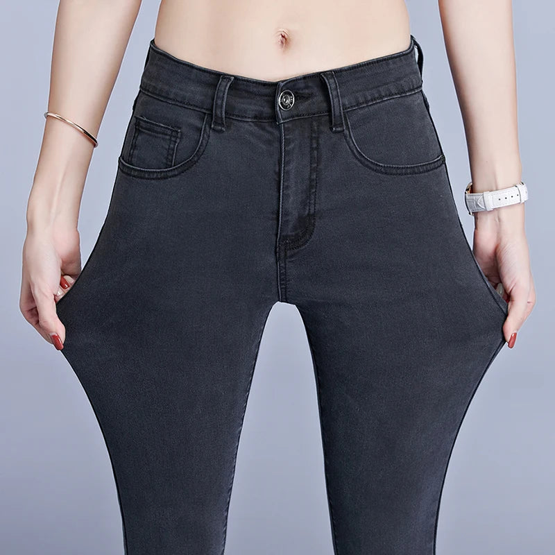 Jeans for Women Mom Jeans Blue Gray Black Woman High Elastic Stretch Jeans Female Washed Denim Skinny Pencil Pants Size 36 38 40.