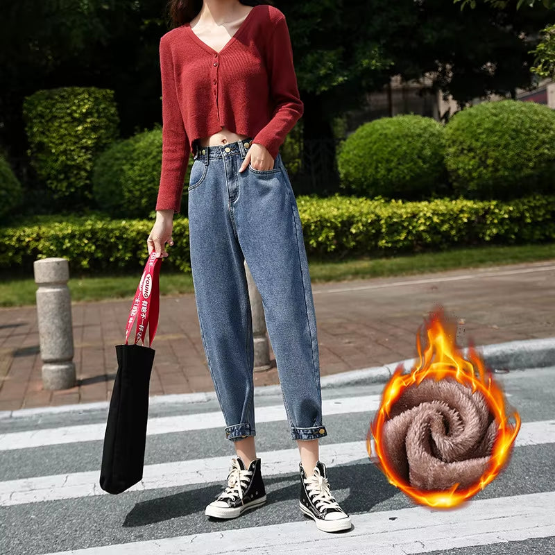 2022 Winter New Women'S Warm Thick Jeans Fashion Loose Vintage Blue High Waist Jeans Mom Denim Ankle-Length Pants 4XL 5XL.