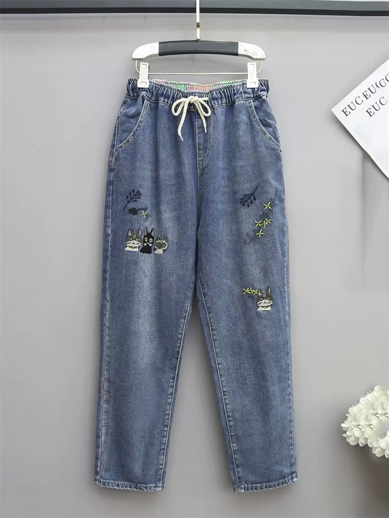 8265 Women Fashion Korea Style Cartoon Cat Embroidery Baggy Elastic Waist High Waist Denim Cropped Pants Female Harem Jeans.