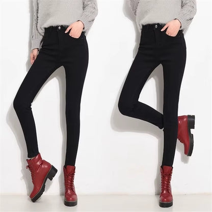 Streetwear Thicken plus Velvet Slim Pencil Jeans Women Winter Warm Oversized 34 Denim Pants High Waist Stretch Cowboy Trousers.