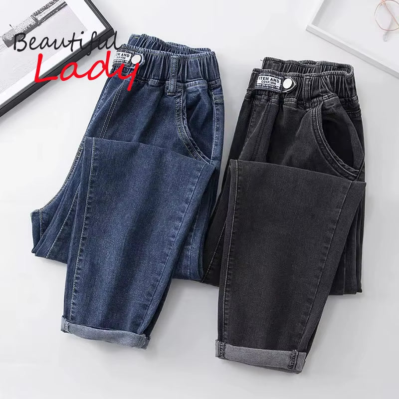 XL-4XL Spring Autumn Large Size Harem Jeans Woman High Waist Elastic Denim Pants Women Baggy Mom Jeans Vaqueros Mujer.
