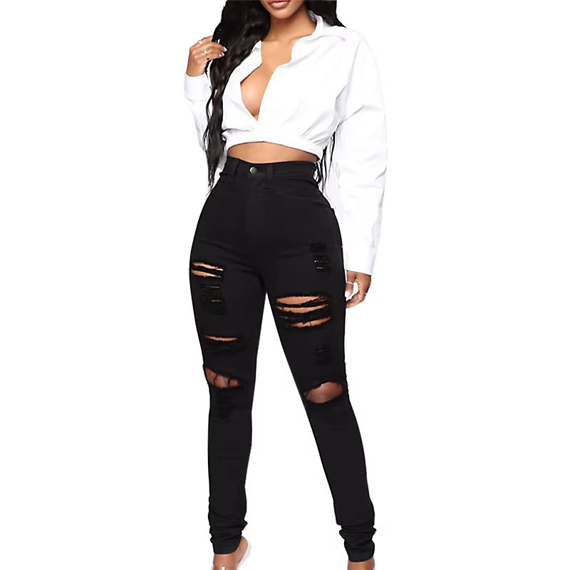 New Black Pencil Jeans High Waist Push up Skinny Ripped Jeans Denim Sexy Holes Destroyed Knee Pant Ladies Jeans Femme Trousers.