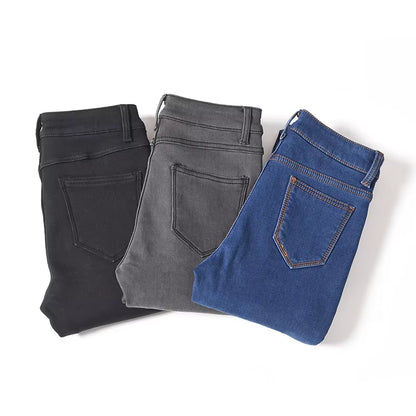 Warm Winter Size Slim Jeans Women Advanced Stretch Cotton Denim Pants Thick Fleece Student Trousers Blue Black Gray.