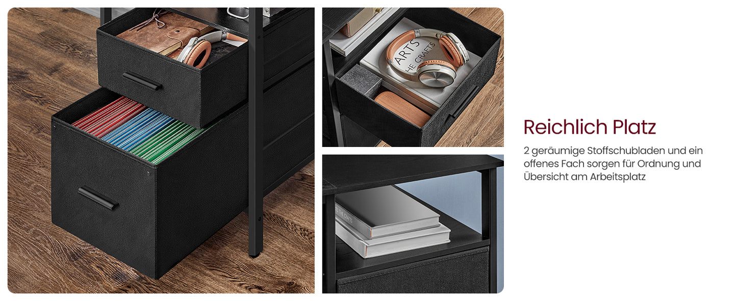 VASAGLE Schreibtisch mit Schubladen, Computertisch mit Monitorständer, LED-Beleuchtung, 55 x 135 x 90 cm, eingebaute Steckdosen