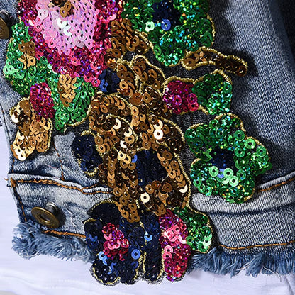 European Style Denim Jacket Fashion Outfit Women New Flower Sequined Jeans Vest Coat.