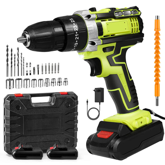 48 N-m Akku-Dual-Speed-Bohrmaschine mit hohem Drehmoment, 0–350/1350 U/min, 21 V Li-Ionen-Akku, Heim-DIY-Elektrowerkzeug-Set, Elektroschrauber-Bohrmaschine