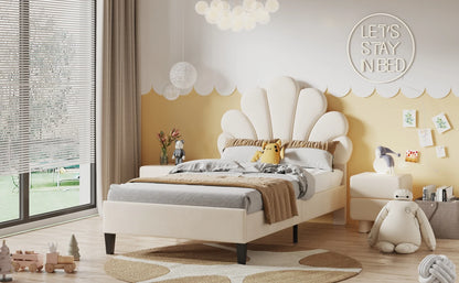 Rosahqnda Kinderbett 90x200cm, Einzelbett, Kinderbett mit Blütenblatt, Geeignet für Mädchenzimmer, Beige, Weinrot, Samt