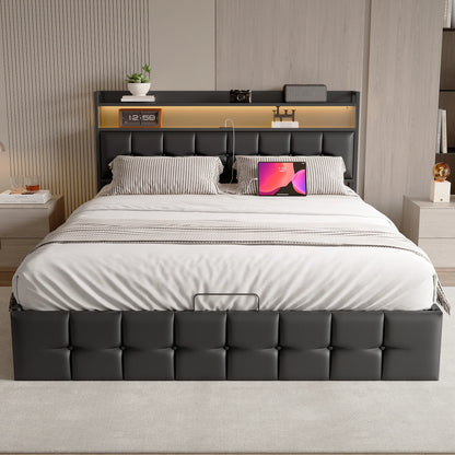 Polsterbett 140x190 cm, mit LED-Beleuchtung und USB, mit Rückenlehnenrahmen, hydraulisches Speicherbett, Funktionsbett, PU