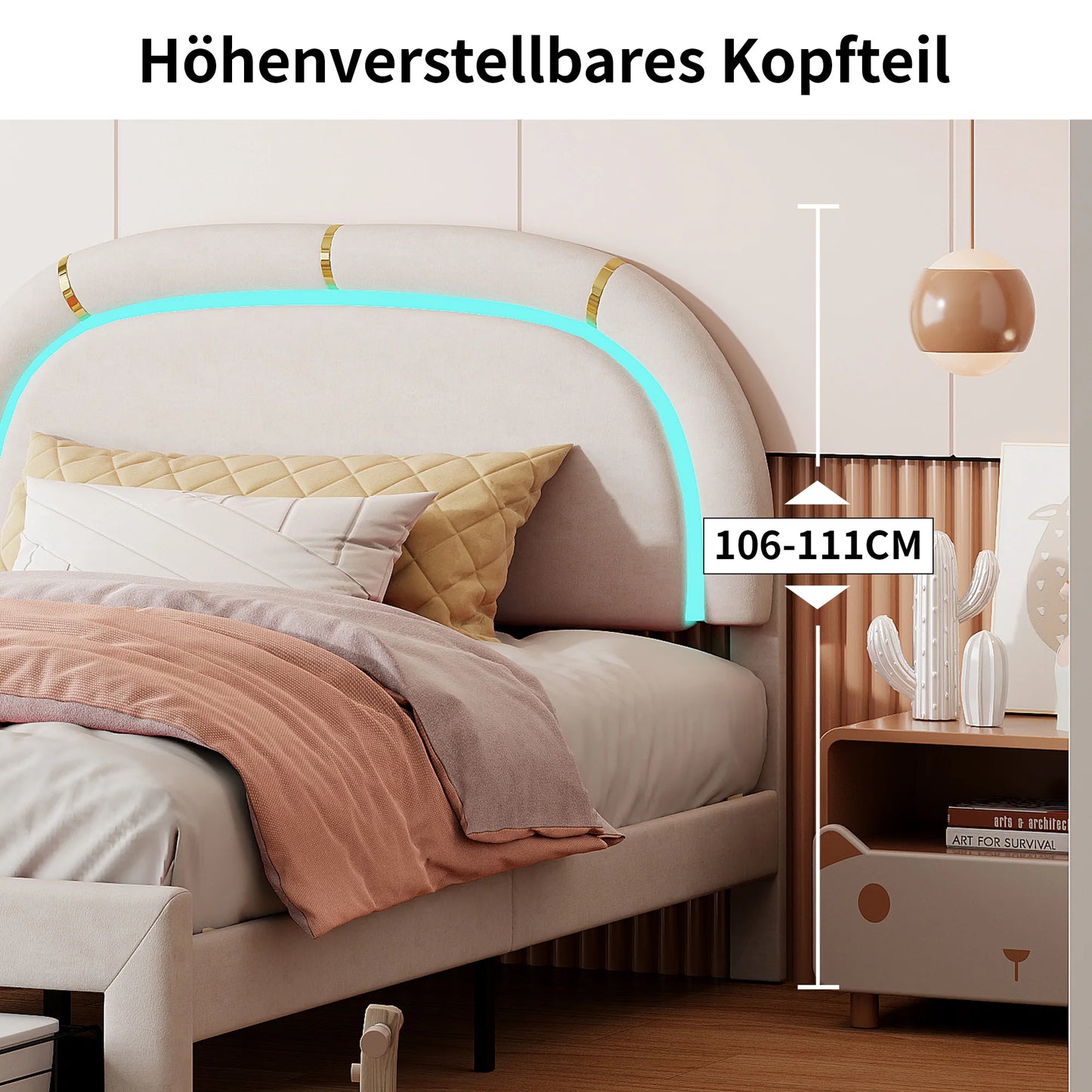 Comanlai 140 x 200 cm Polsterbett, mit Lattenrost aus Holz, mit LED und 2 Schubladen, ohne Matratze, Jugendbett, Samt, Beige